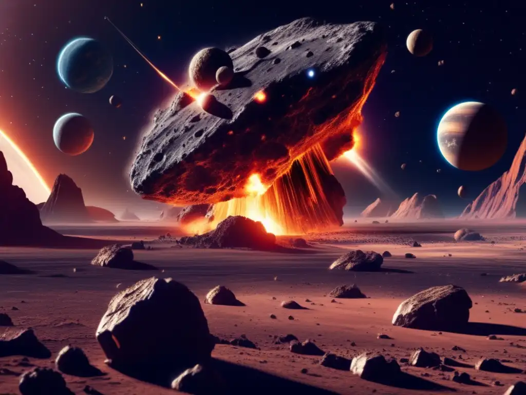 A photorealistic depiction of an asteroid colliding with a planet in disk brake action captures intricate details of both the asteroid and the planet