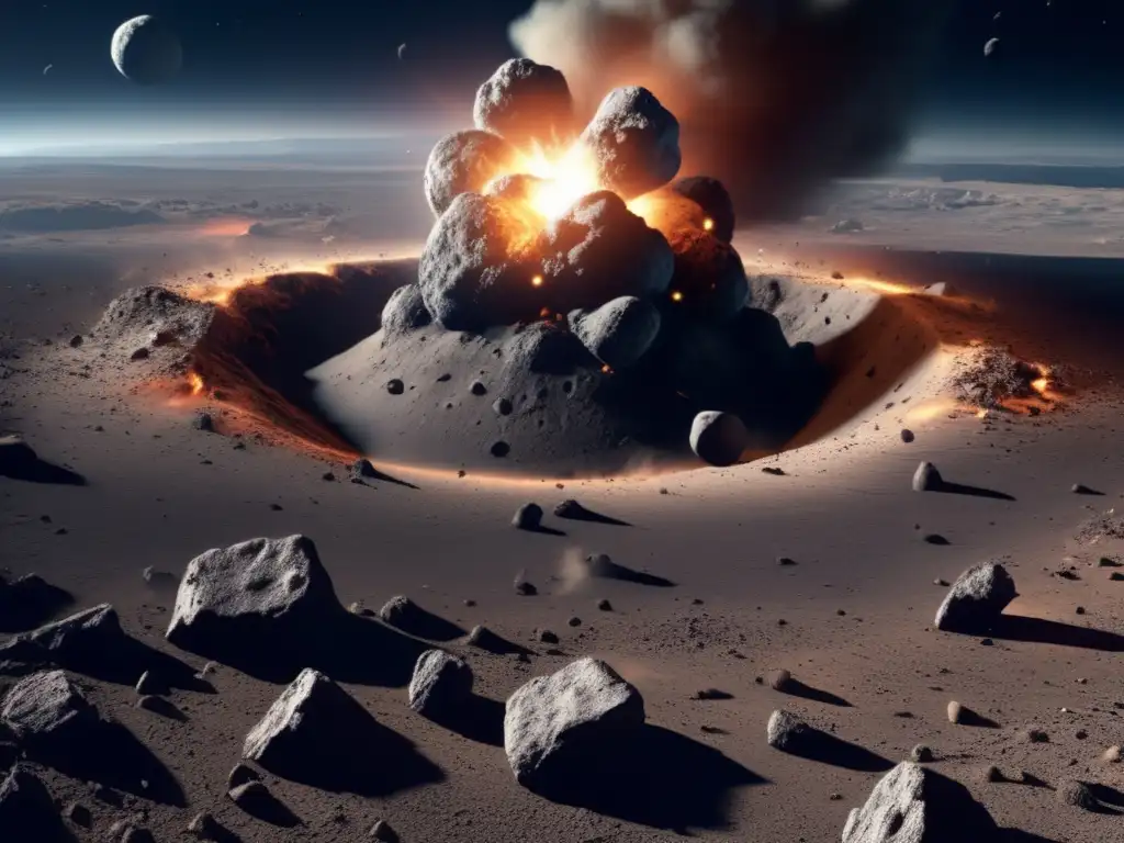 An eerie image of an asteroid impact site, where once-lush terrain is now traumatized by visible craters, ejecta, and destruction
