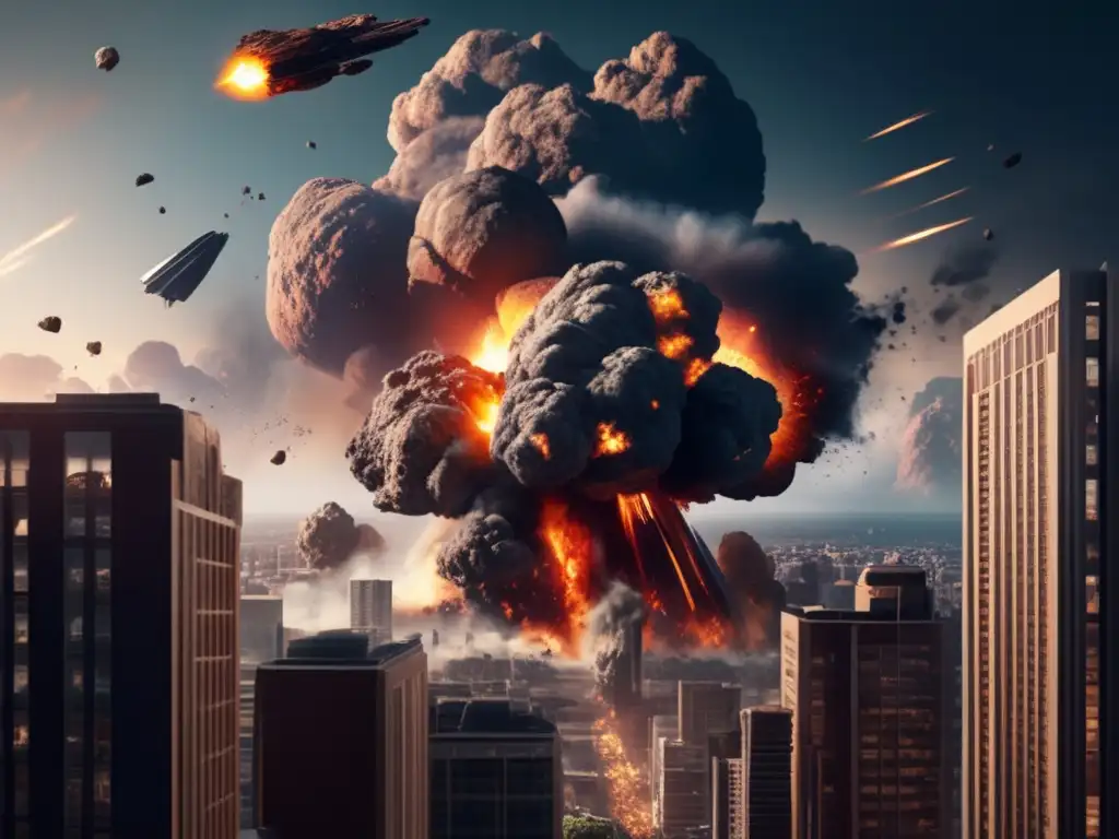 An asteroid collision brings devastation to a city planet, plunging buildings into ruin and scattering debris in all directions