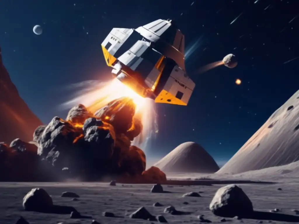 Direct Impact: Foreshadowing in Space through Colorful Lighting Dash: An image of a spaceship with kinetic impactors colliding with an asteroid in space