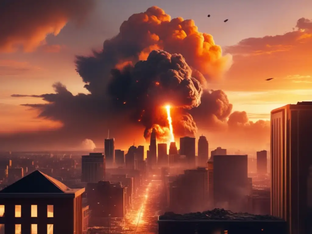 A city on fire: smoke and debris billow into the orange-yellow sky from a massive explosion