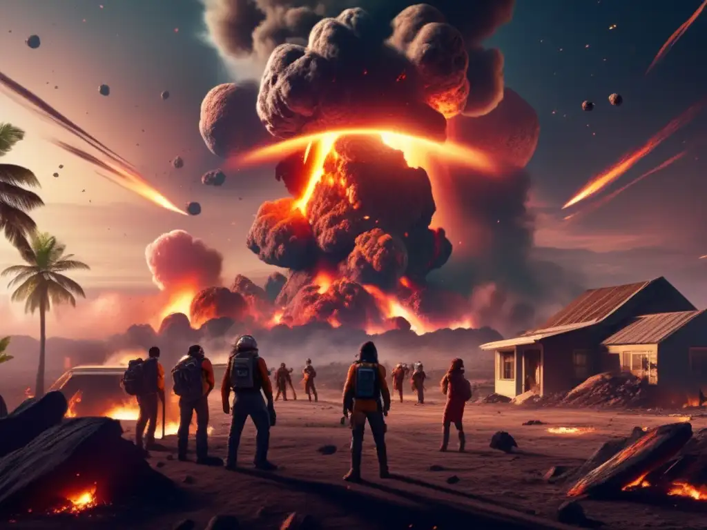 A breathtaking photorealistic depiction of a catastrophic asteroid impact on a planet's surface, triggering fiery explosions and debris shower