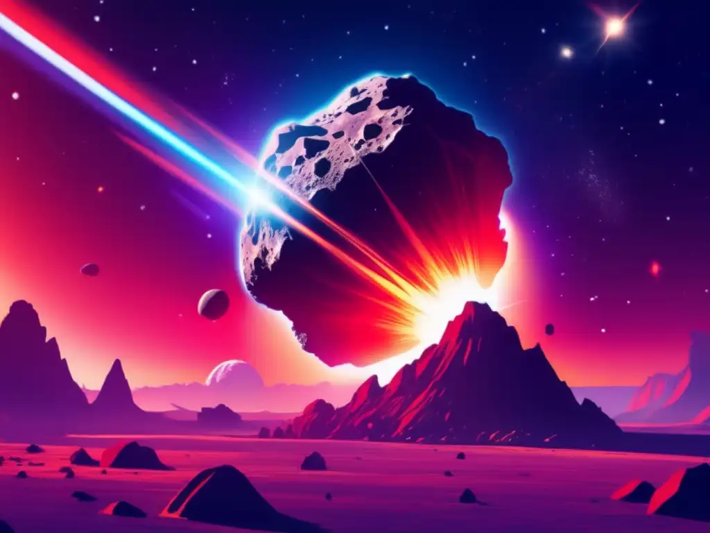 A massive asteroid barrels through space towards a trembling planet, creating a foreboding atmosphere