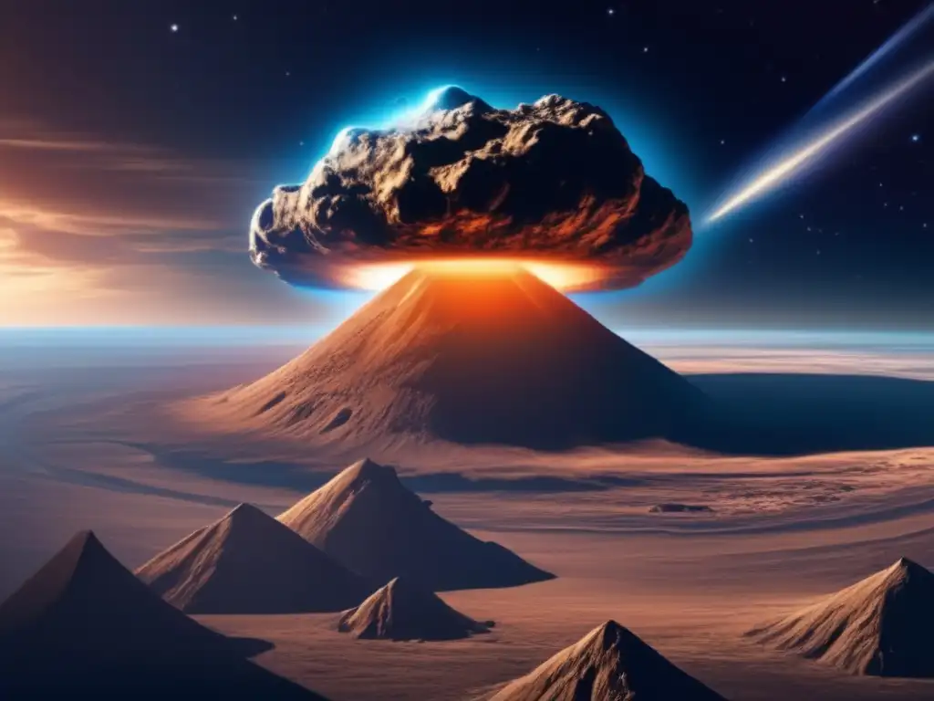 A massive asteroid, glowing brightly against the dark clouds, looms over Earth, dwarfing everything in its path