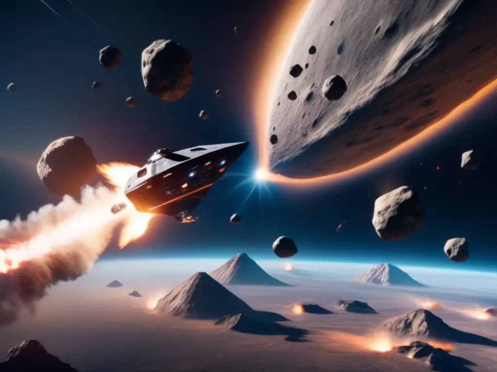 A breathtaking aerial view of spacecrafts in formation, racing against time to intercept an irregularly shaped asteroid streaking towards Earth