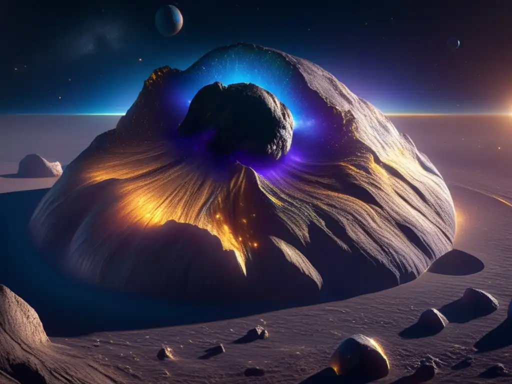 A closeup photograph of Asteroid Iris with iridescent detailing on its surface, unveiling its unique textures and contours