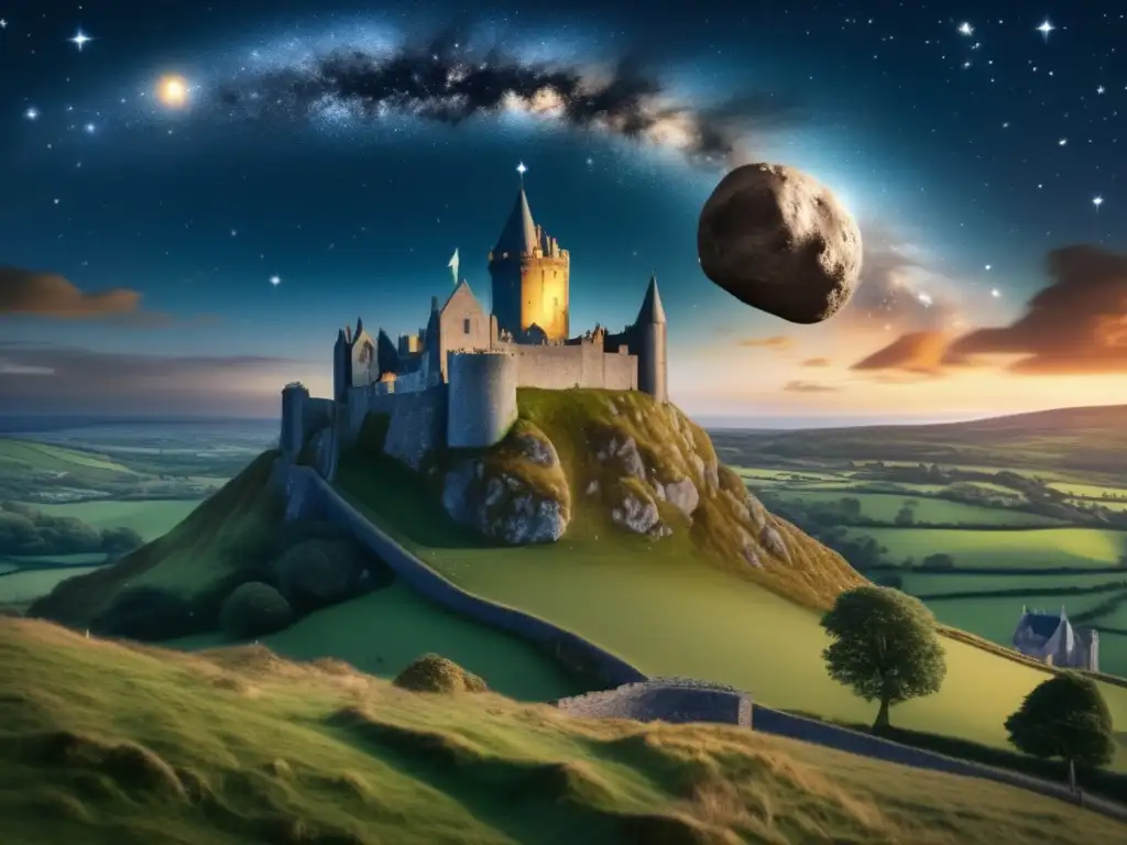 Dash-A celestial body, meticulously detailed in photorealistic style, depicts an asteroid in its orbit through a starry sky