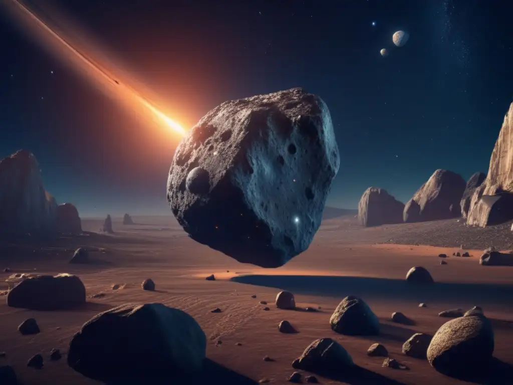 A mesmerizing 8k image of Asteroid Laetitia, revealing its rugged terrain and prominent boulders, stunningly showcasing the unique features of this cosmic rock, inspiring wonder and awe about the vast mysteries of the universe