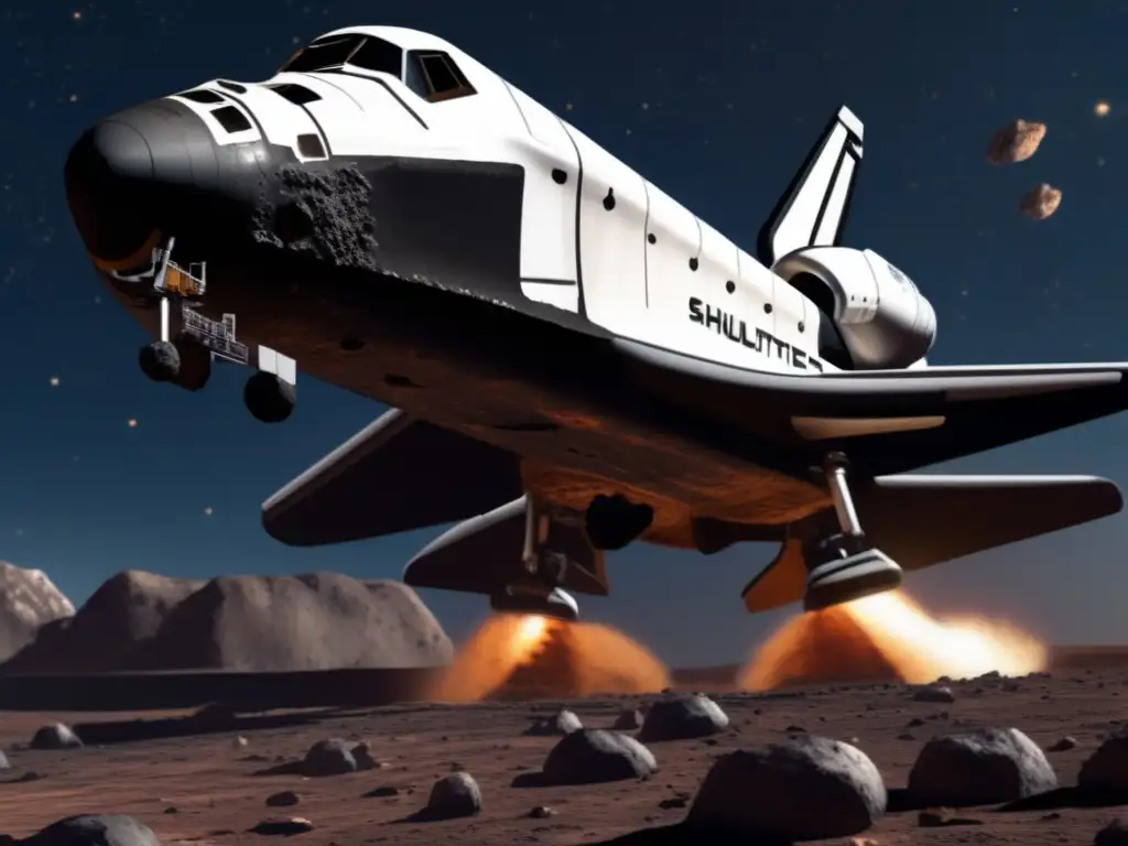 A photorealistic image of a space shuttle landing on an asteroid with all details of the asteroid visible in extreme closeup