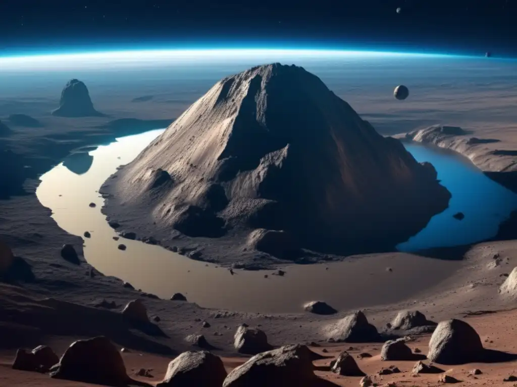 A stunning image of Asteroid Phorcys, showcasing its rugged terrain, deep craters, and mesmerizing rock formations in shades of browns, grays, and blues
