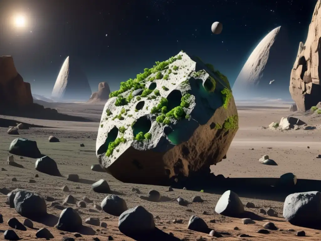 Asteroid Life: A Delicate Spectacle Amidst the Harsh Environment Photorealistic depiction of an asteroid's barren surface with vines reaching towards a distant star
