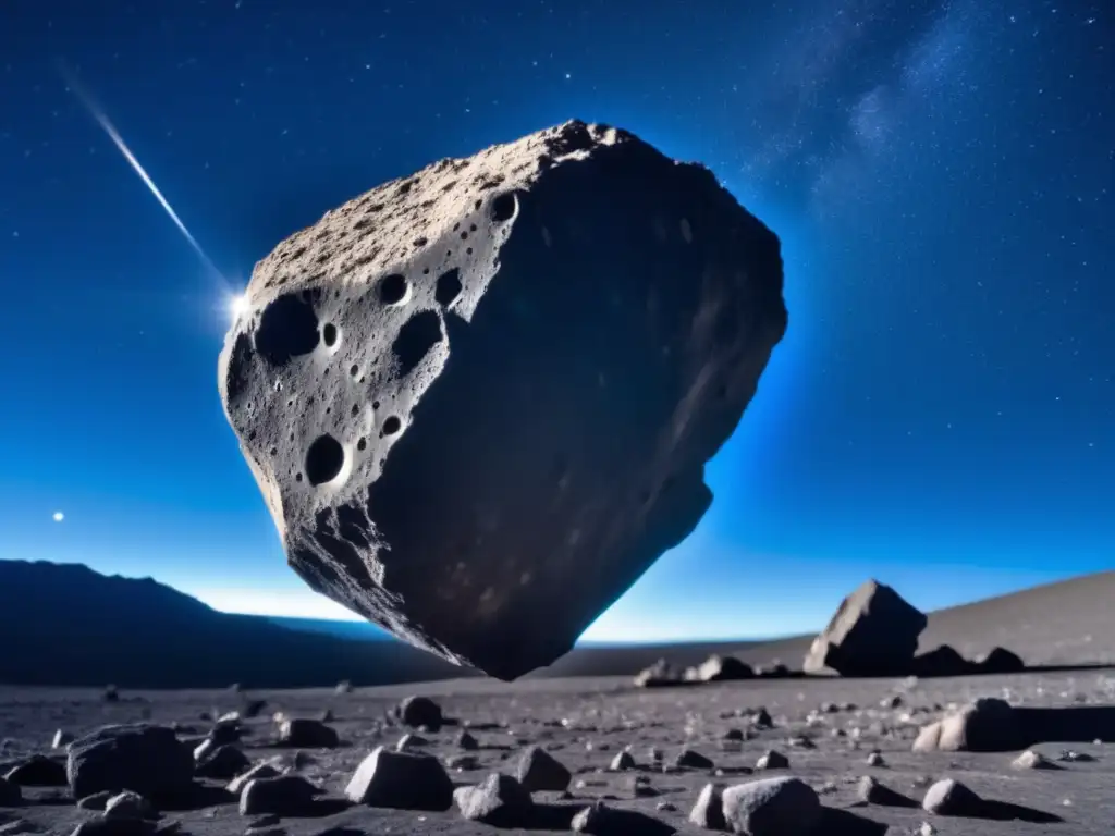 In the light of a star, 's jagged edges stand out against the starry black sky, surrounded by a swaying field of rocky debris