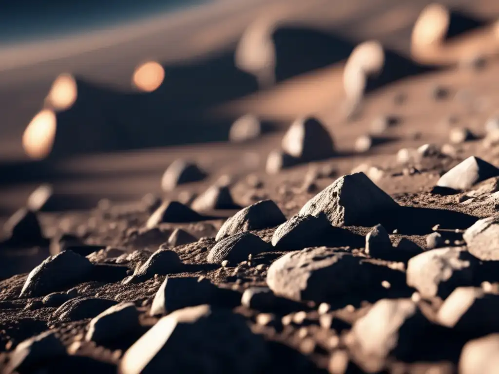 Discover the rugged beauty of Asteroid Lycaon with this photorealistic closeup image showcasing intricate rock formations, grooves, and craters on its surface