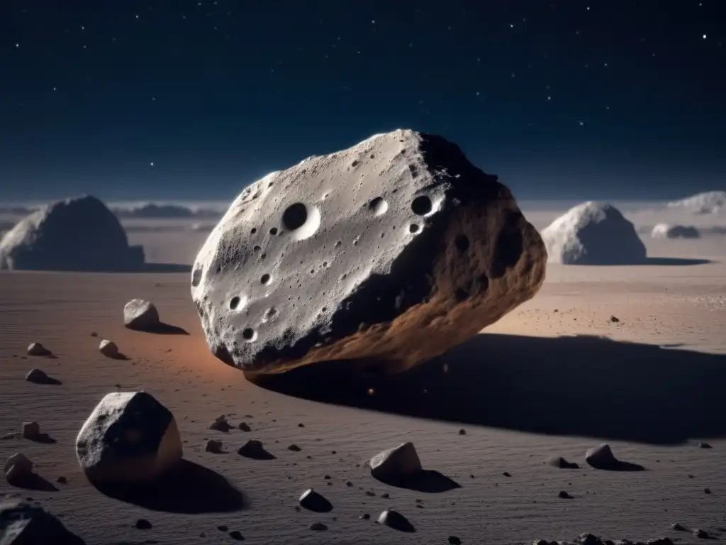 A closeup photorealistic image of Mathilde, an asteroid in our solar system, with a rugged surface, rocky formations and contrasting colors due to its lack of atmosphere