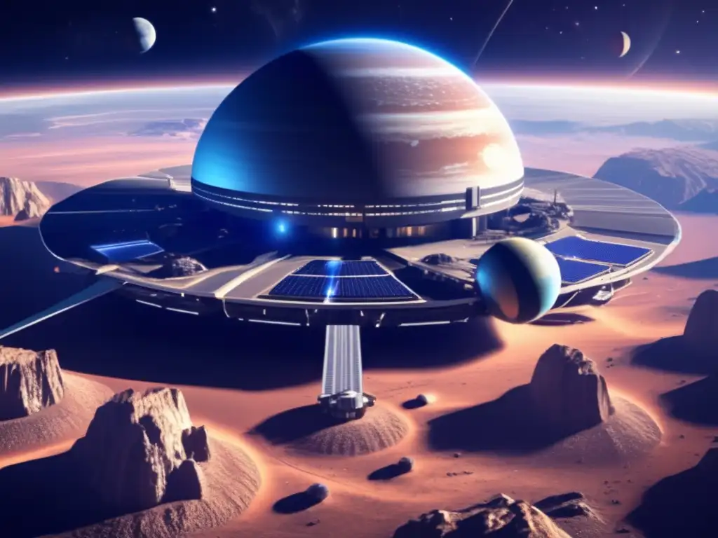 Megastructure Orbit: Photorealistic Asteroid Precursor in Space A breathtaking photorealistic image captures the grandeur of an asteroid precursor megastructure in orbit around a blue gas giant planet