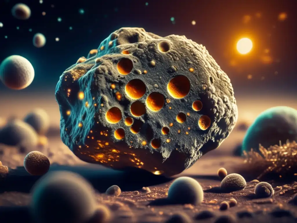 An stunning high-resolution image captures the intricate details of an asteroid's surface, where microscopic organisms thrive amidst its rugged texture