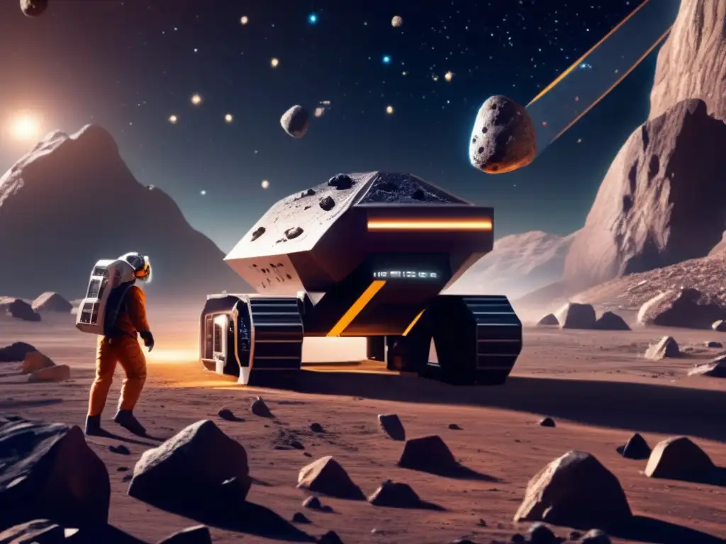 An explorer gazes upon a distant asteroid, meticulously tending to its intricate mining equipment and tools