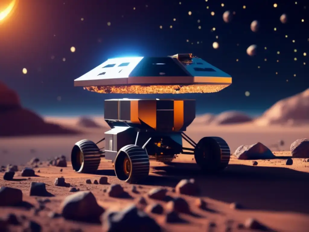 An intricate closeup of a 3D asteroid miner spacecraft, floating above a partially mined asteroid unveiling its metal core