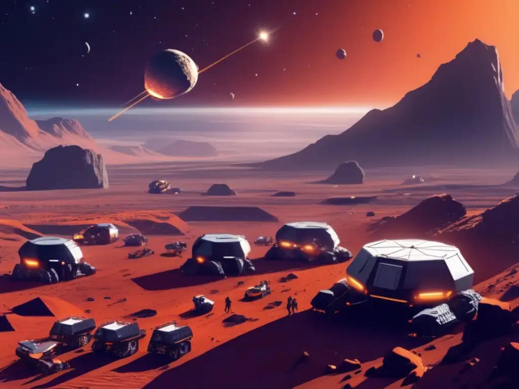 Red, Dusty Diamond Mines: Asteroid Mining Camps Miners work tirelessly, gathering precious resources from the surface of an asteroid field in a bustling mining camp
