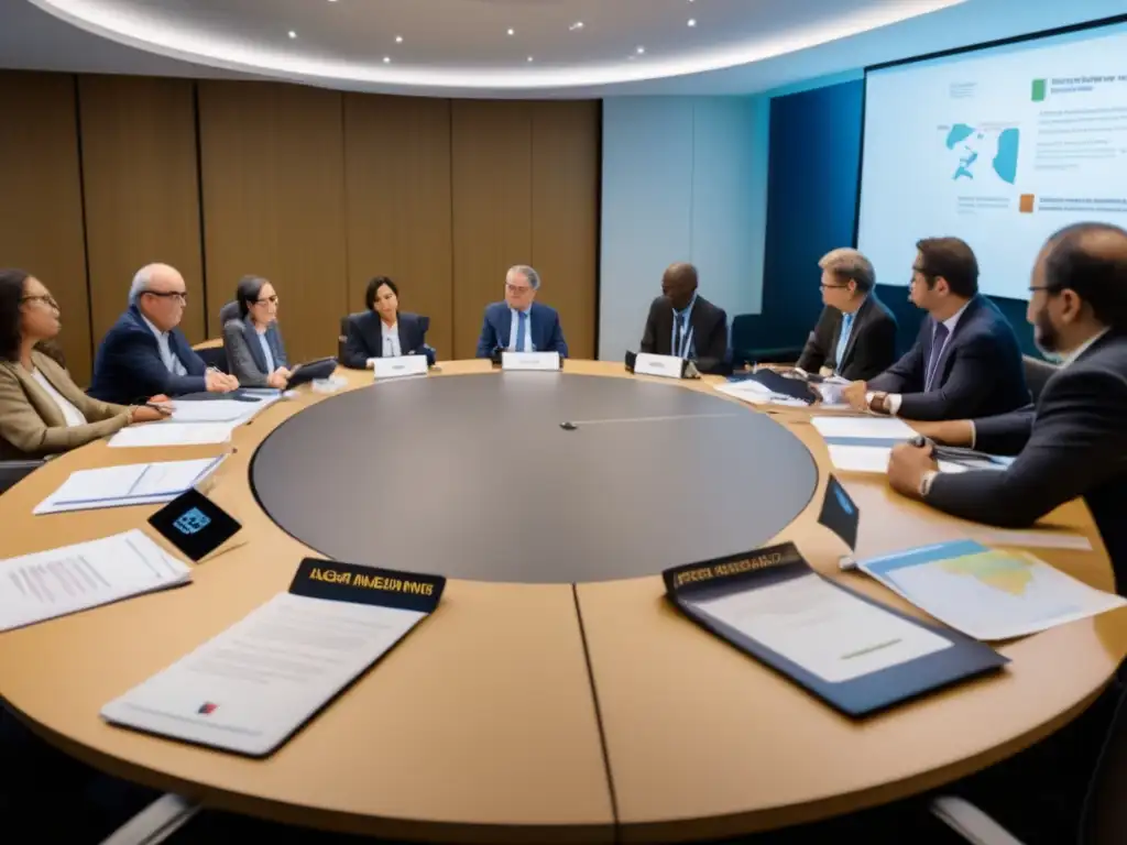 Intense round-table discussion among representatives of various countries, cluttered table with documents, papers, maps and other materials related to asteroid mining, sense of urgency and importance, bright and even lighting, suggestion of seriousness and potential lucrative industry: Asteroid Mining