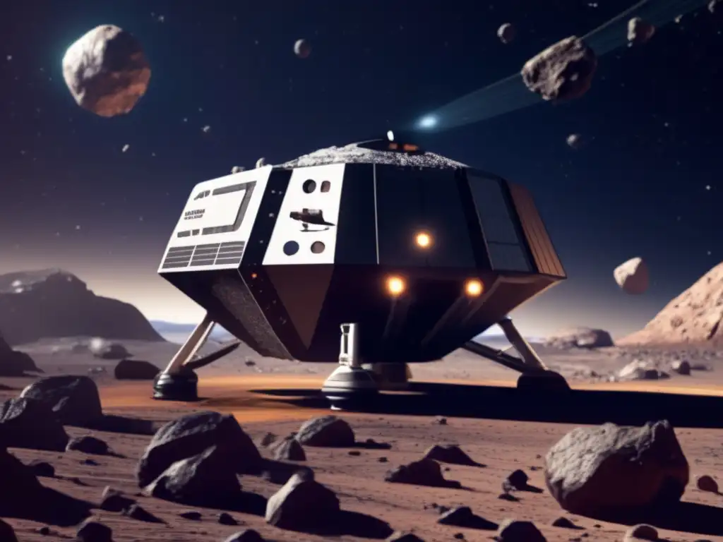 A stunning photorealistic image of an asteroid mining spacecraft, surrounded by a cluster of asteroids, displays intricate surface textures and tiny details on the mining operation