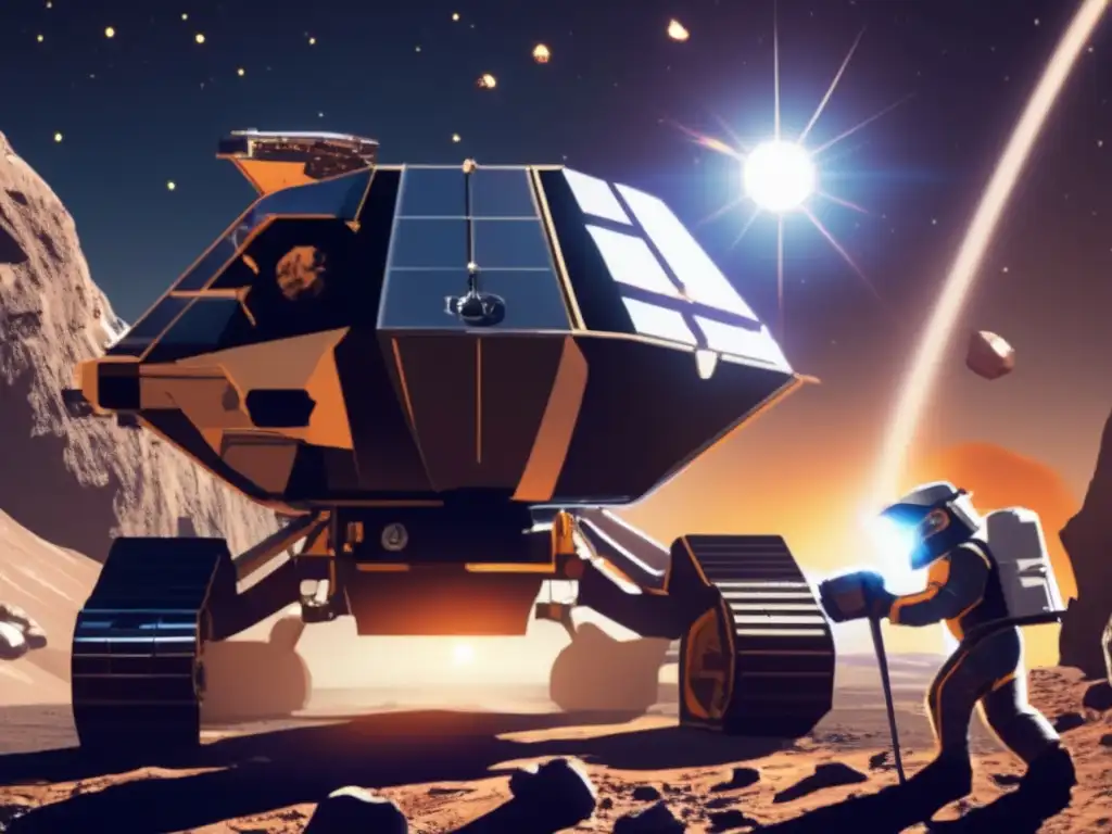 A breathtaking image of an asteroid mining vessel at work, with sunlight illuminating the deep blue space and stars barely visible in the distance
