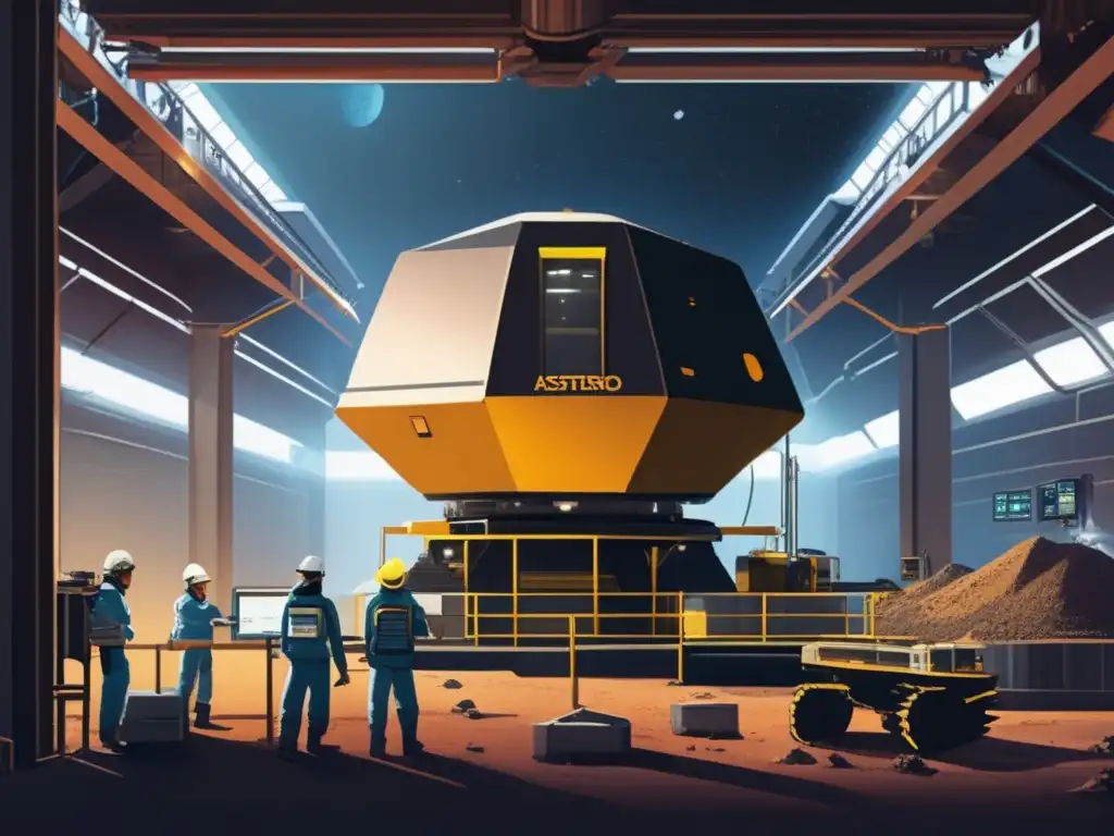 Asteroid Mining: A Technical Marvel Amidst Danger and Skill Asteroid mining facility, with intricate machinery and skilled workers operating under a dusty environment