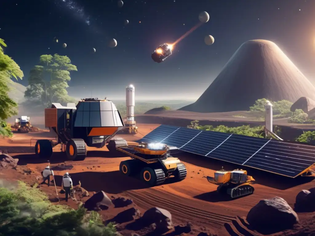 An 8k photorealistic image of a bustling asteroid mining facility, surrounded by lavish greenery and powered by solar panels
