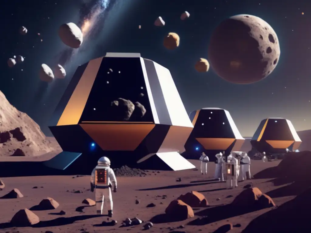 A stunning photorealistic image of a bustling asteroid mining community, surrounded by multiple asteroids