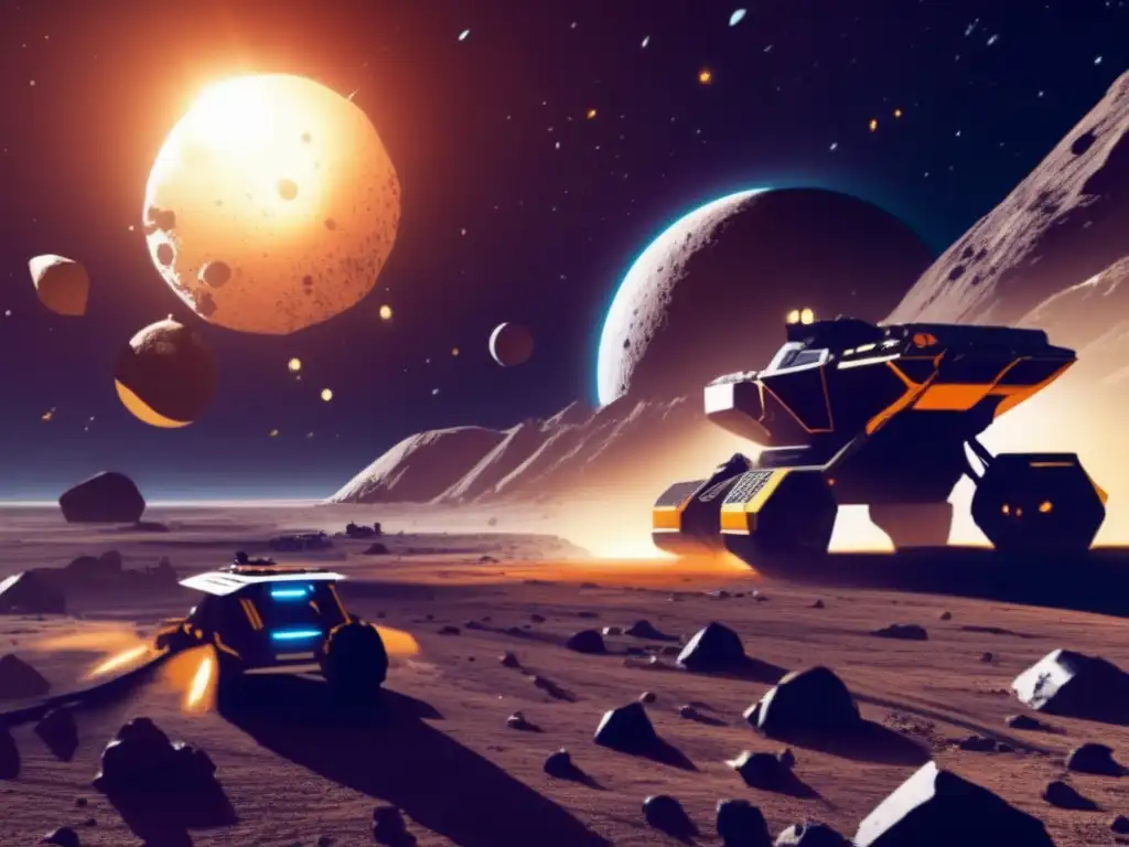 An image of asteroid mining machinery in action, depicted in high detail with realistic lighting and textures
