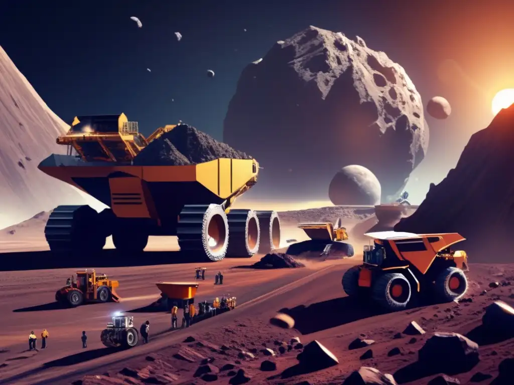 Large asteroid mining operation in full swing with clear view of mining machinery and equipment in action