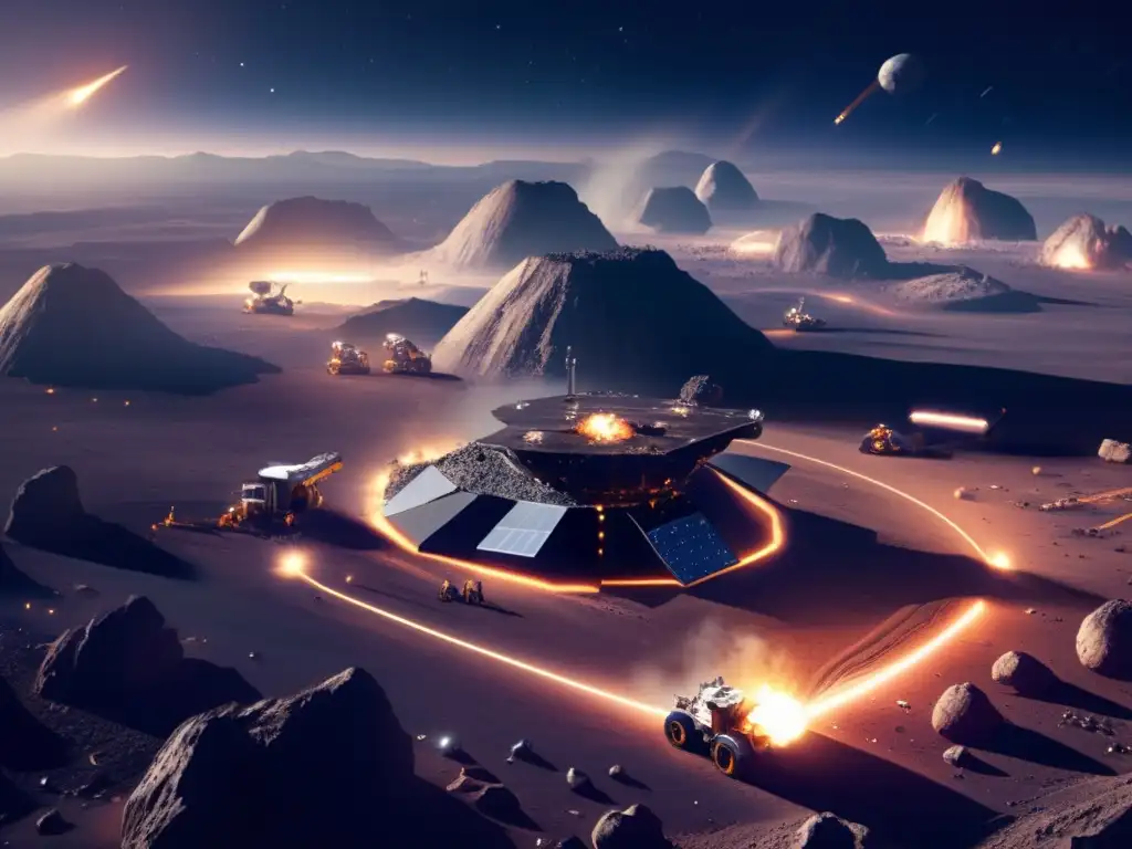 Dash: An industrial nightmare on an alien world: A photorealistic image of an asteroid mining operation in progress, surrounded by glowing lights and smoke