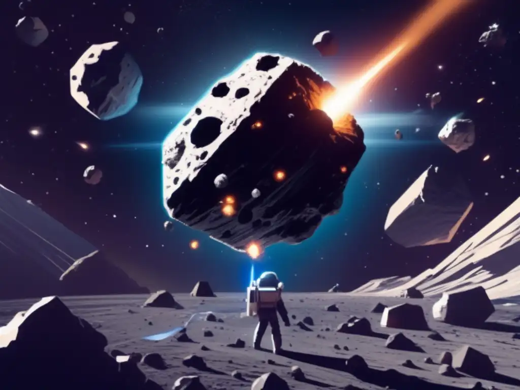 A black void surrounds a white asteroid at its center, with smaller asteroids and debris scattered around