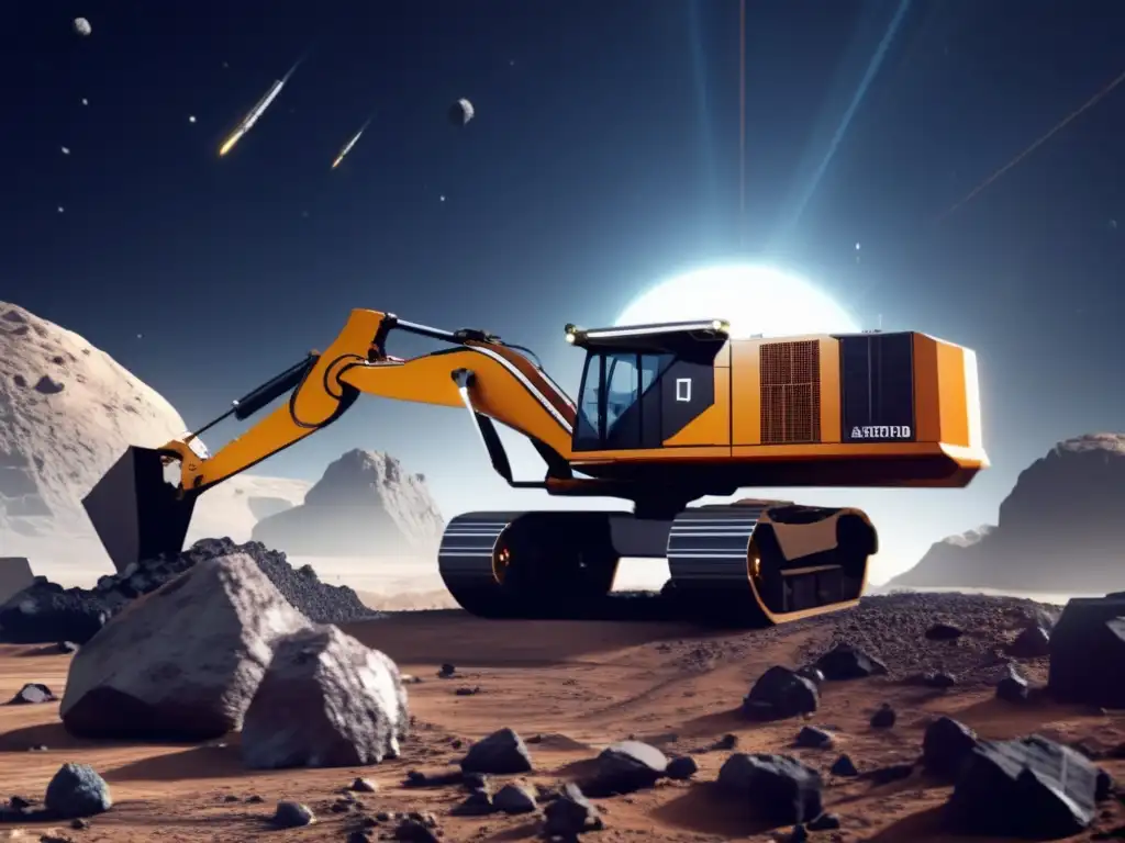 Awe-inspiring photorealistic image of an asteroid mining operation on Asteroid Dionysus features rugged terrain and high-tech machinery