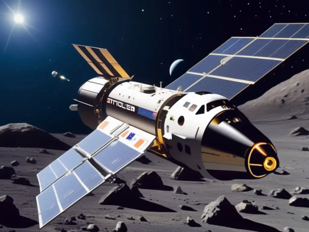 An astrophotography of a sci-fi asteroid mining space station in orbit around a massive asteroid, with a shuttle attached to it