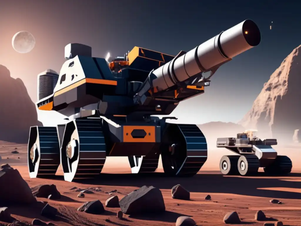 A captivating photorealistic image of an asteroid mining rig perched atop a desolate, rugged asteroid surface