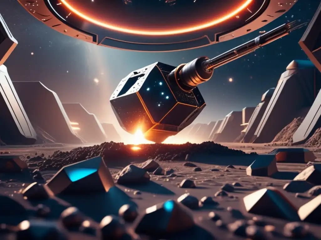 A mesmerizing photorealistic depiction of a state-of-the-art asteroid mining rig in a captivating futuristic space setting