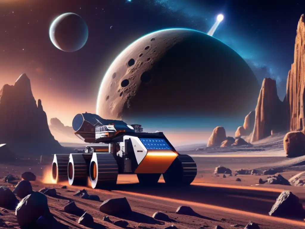 A photorealistic portrayal of an asteroid mining rig, meticulously positioned among towering asteroids in a breathtaking cosmic panorama