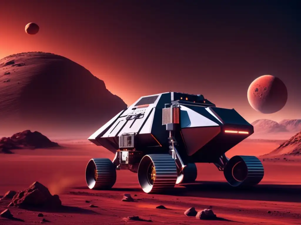 A high-tech asteroid mining rig hovers before a barren red planet landscape, illuminating a rocky asteroid moving towards the foreground