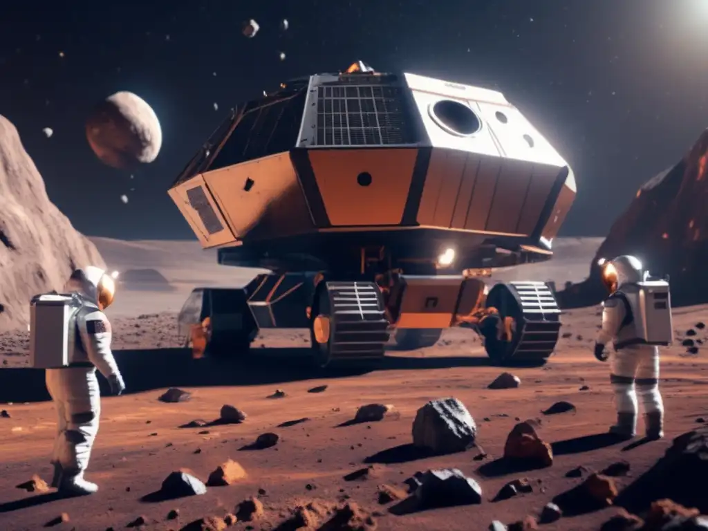 Astronauts work tirelessly on a massive asteroid mining rig, extracting valuable resources from the barren and dusty exterior