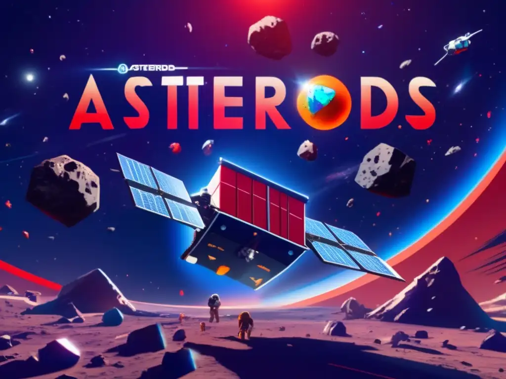 A satellite orbits Earth while an asteroid mining drone flies in the background, capturing asteroids and returning them to Earth for processing