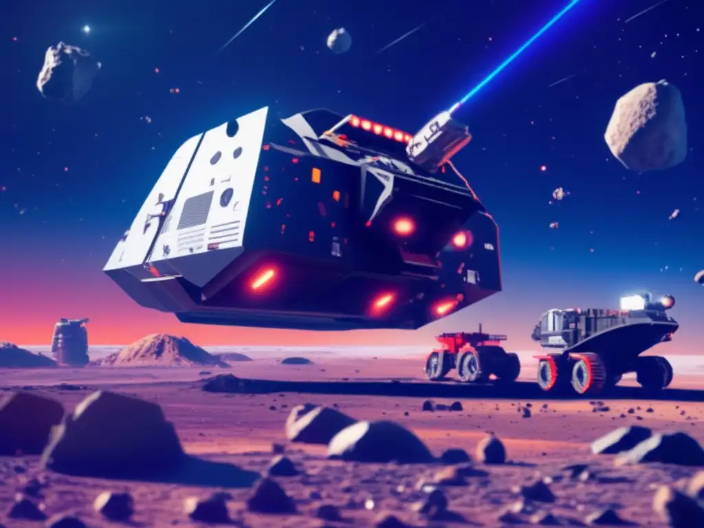 A stunning photorealistic image of an asteroid mining ship, bringing to life the depth and intensity of the mining process on a vast asteroid
