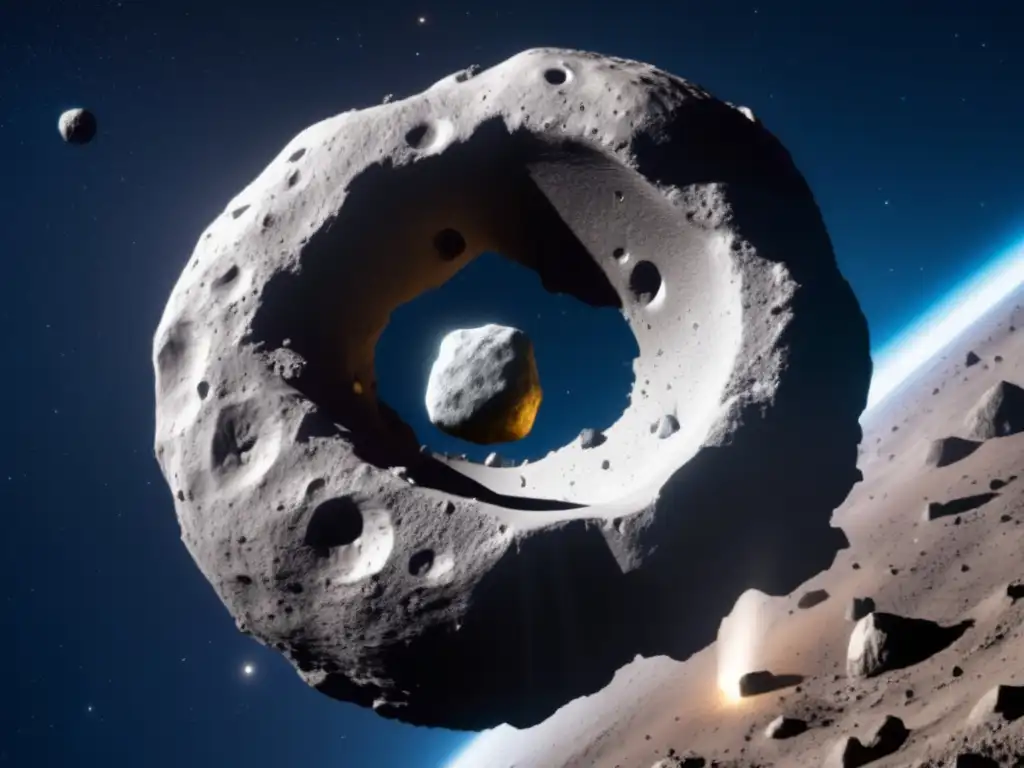 A close-up of a rocky asteroid with fractures visible in 8k hyperresolution sense