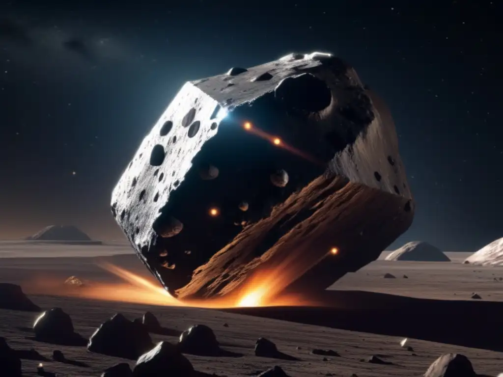 A mesmerizing, photorealistic image of an asteroid mining spacecraft piercing into an ethereal, crimson-hued asteroid