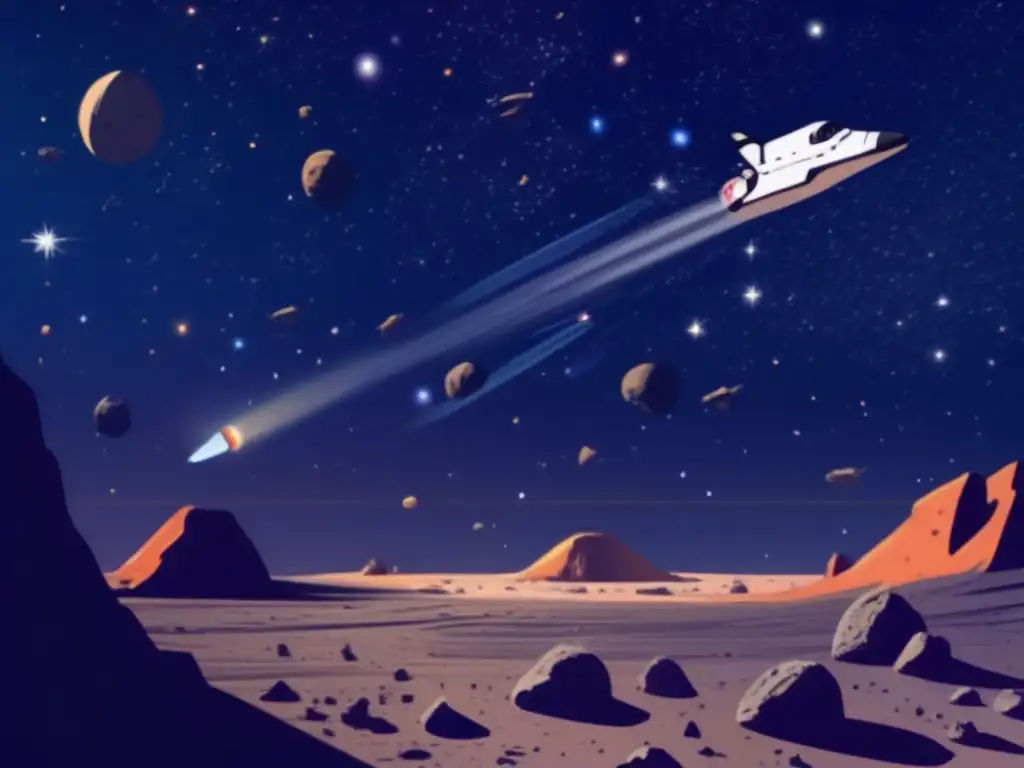 A panoramic view of an asteroid belt, with diverse asteroids scattered in the foreground
