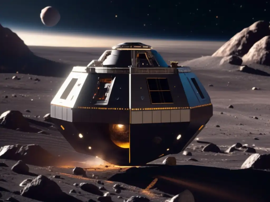 A stunning asteroid mining spacecraft, highly detailed and polished, orbits an asteroid