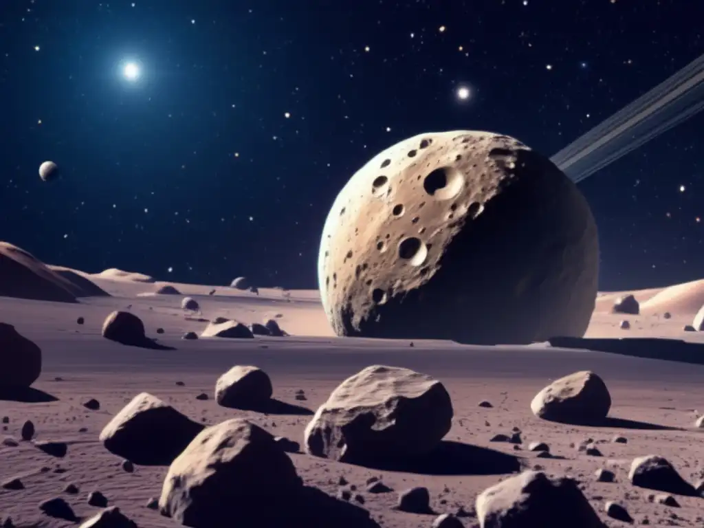 A bright asteroid belts with intricate veins plays host to a compact, streamlined spacecraft mining it