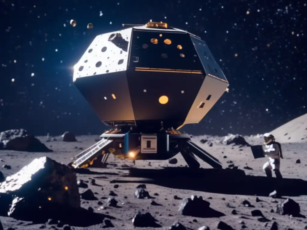 A thrilling asteroid mining spacecraft at work in the vast cosmos, equipped with drill and chisel tools, drilling away asteroid resources