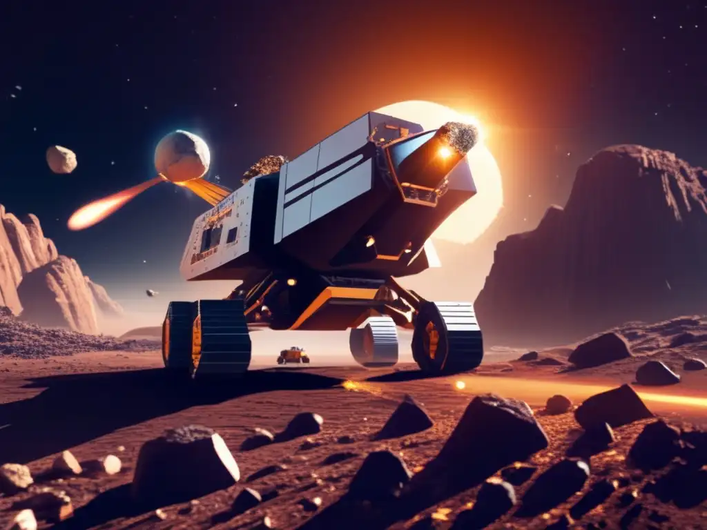 A breathtaking closeup of an asteroid mining spacecraft collecting resources from an asteroid