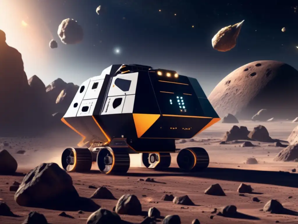 A photorealistic image captures a spaceship's treacherous journey through dusty asteroids, showcasing intricate technology and equipment